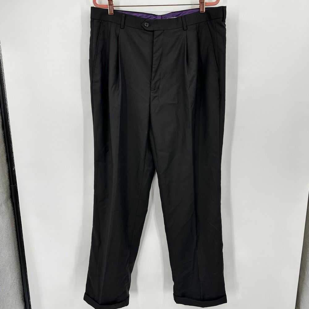 Vinci Mens Pleated Dress Pants Black Cuffed Hem‎ Tailored Trousers 40/34 Formal